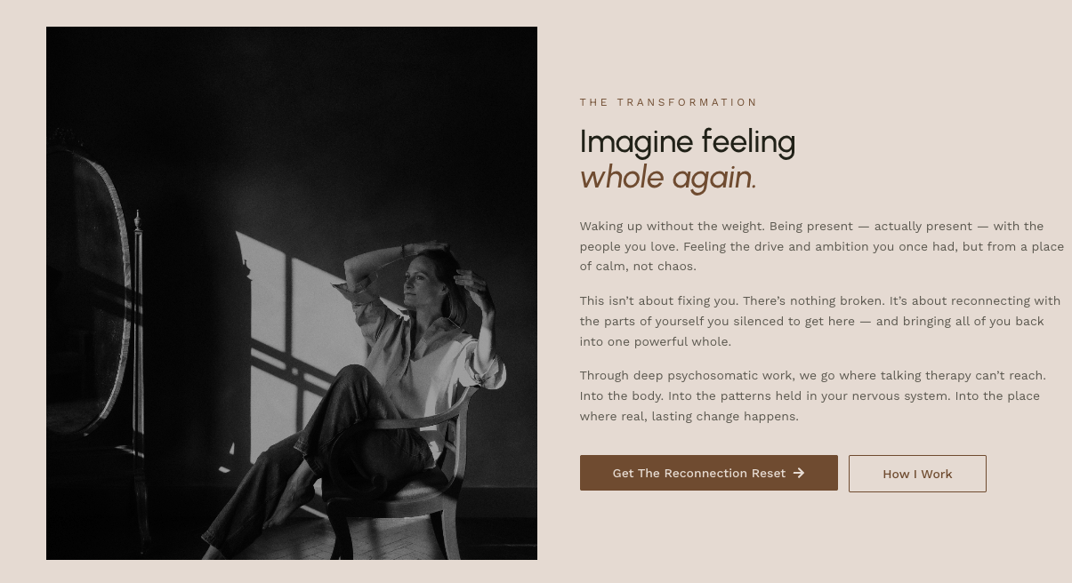 Screenshot from Sasha's website showing the section headed Imagine feeling whole again