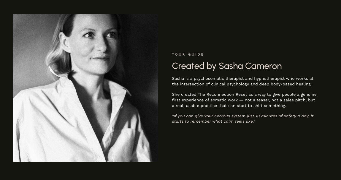 Screenshot from Sasha's website showing the section headed Created by Sasha Cameron