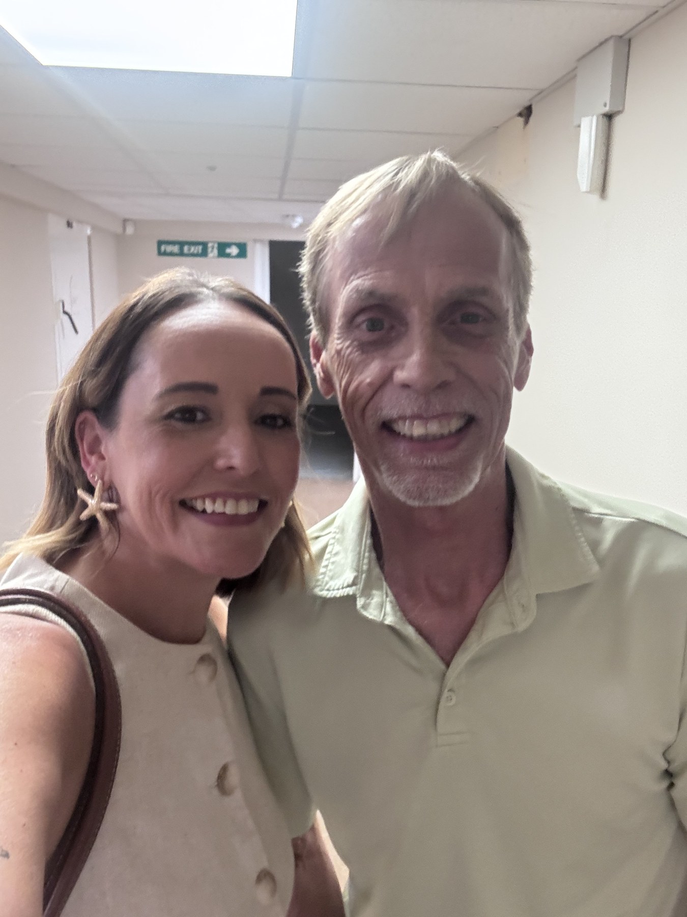 Claire and Jody McHugh smiling together during the recording