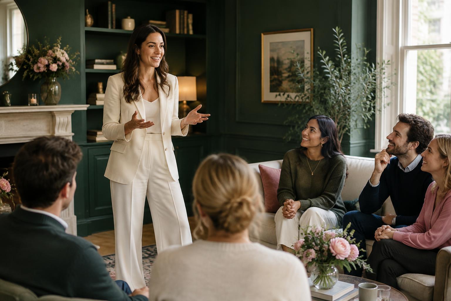 A confident founder speaking to an engaged group, one year on